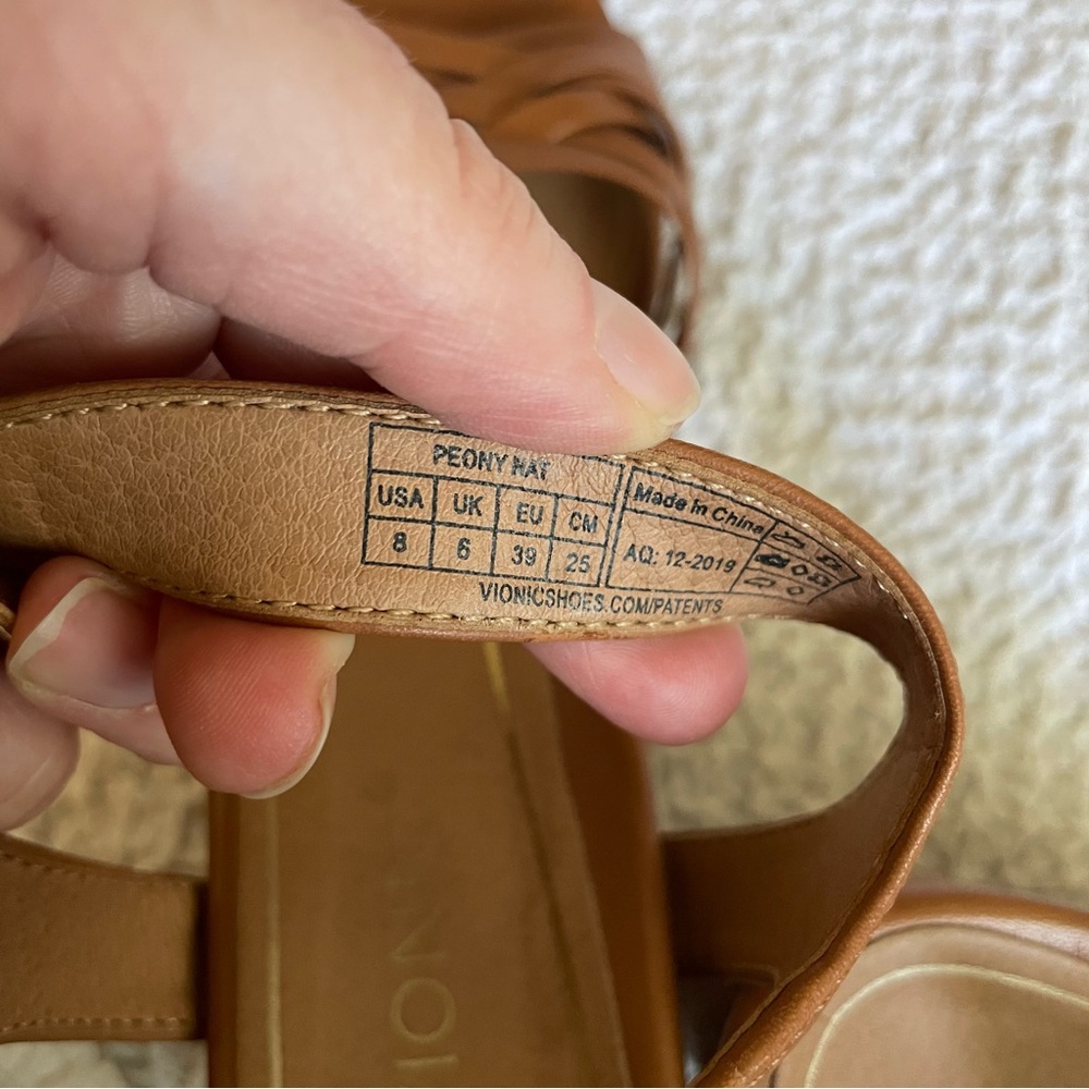 Vionic Peony Heeled Sandal Basketweave Tan Ankle Strap Leather Size 8 - Picture 12 of 12
